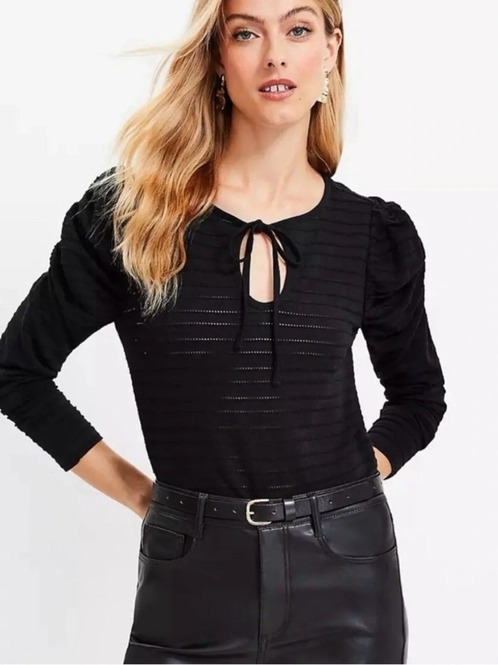 LOFT Jacquard Tie Keyhole Ruched Sleeve Top